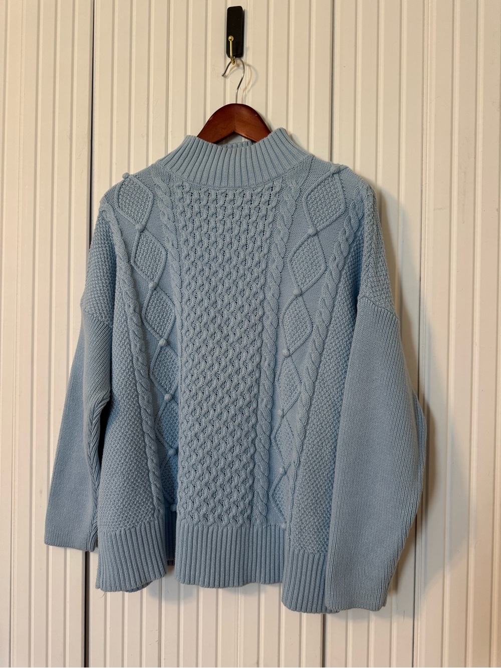 J Crew Cable Knit Sweater XL Light Blue Heavyweight Fisherman Mock Neck Preppy